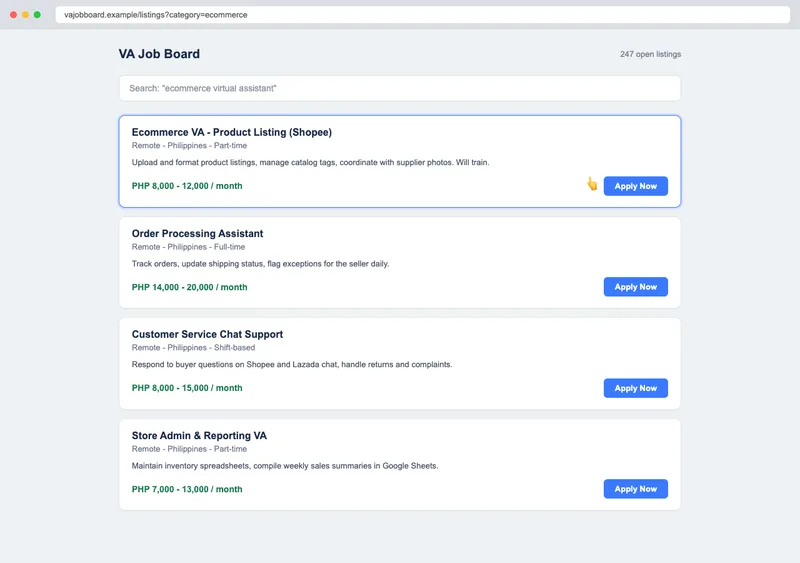 A VA job board listing page showing open ecommerce virtual assistant roles with pay ranges and Apply Now buttons